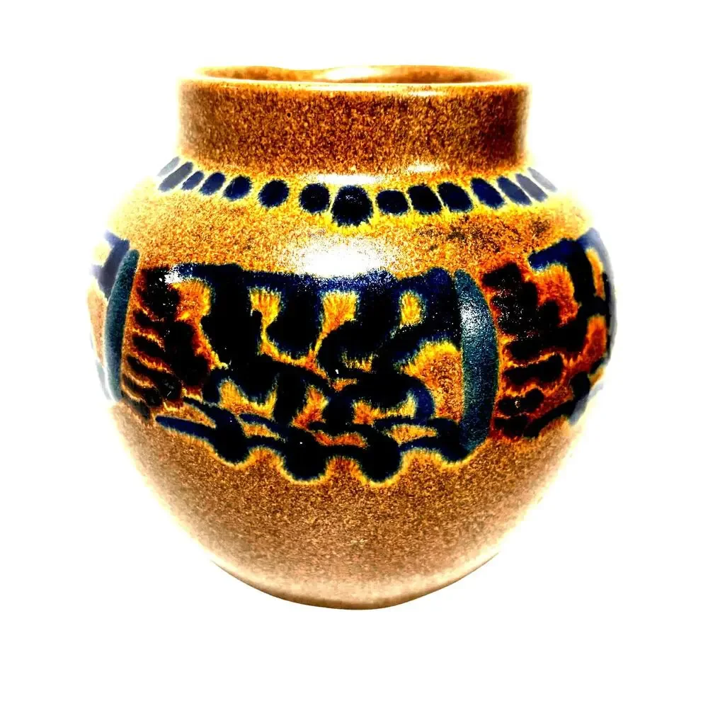 Vintage VEB Haldensleben Germany Stoneware Pottery Vase Cobalt Blue & Caramel